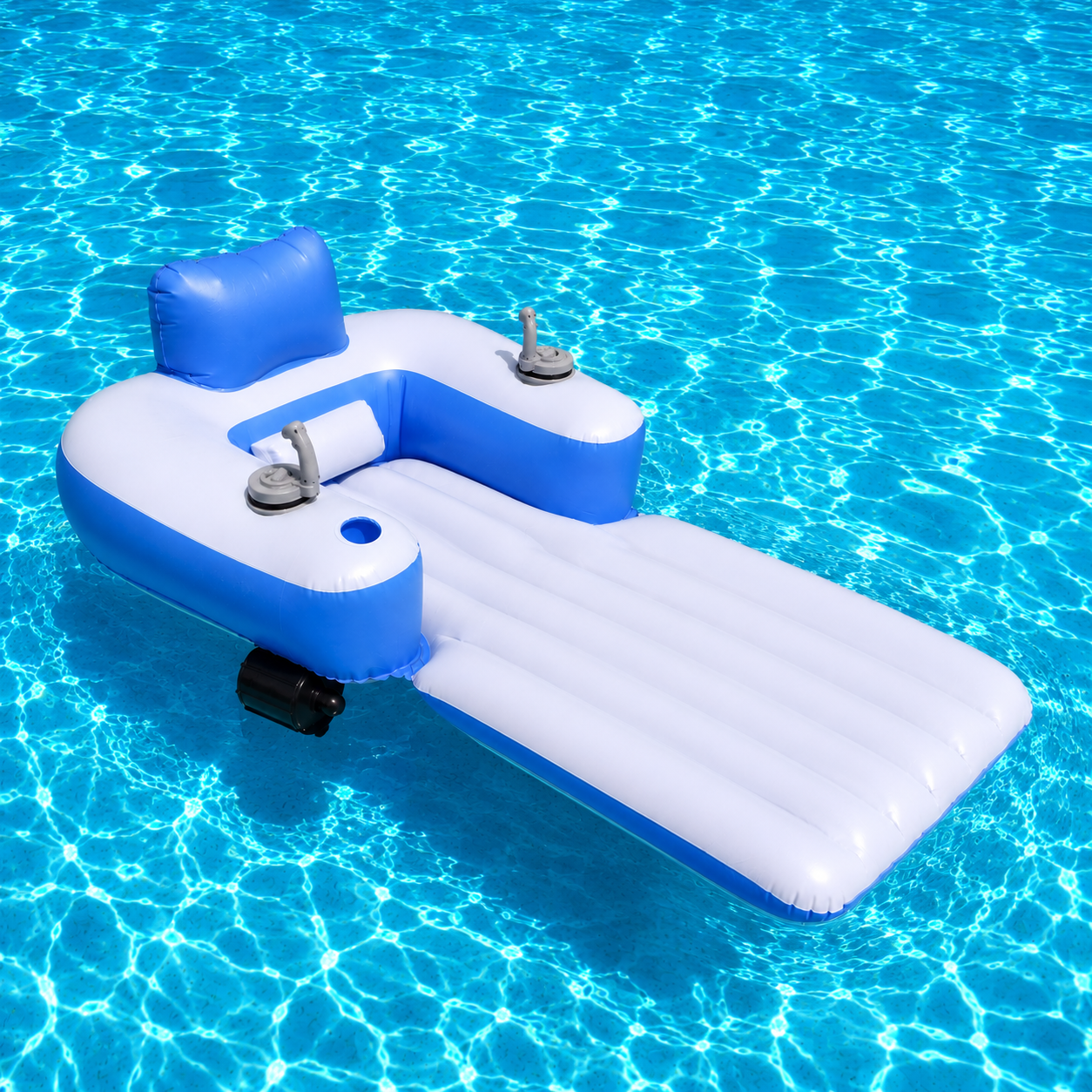HELIOS Super Glide motorized water lounger floating on clear blue water